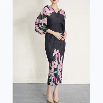 Плиссированное Платье Miyake Для Женщин Весом 45-80 кг 2023, Весна-лето, V-образный вырез, Рукава 