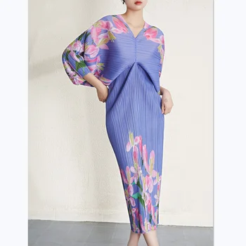 Плиссированное Платье Miyake Для Женщин Весом 45-80 кг 2023, Весна-лето, V-образный вырез, Рукава 