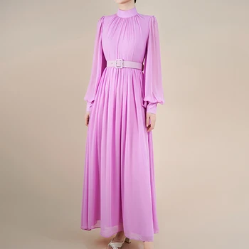 Элегантные фиолетовые длинные вечерние платья, женское винтажное плиссированное платье макси с рукавами-фонариками и поясами, дизайнерская летняя одежда