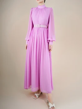 Элегантные фиолетовые длинные вечерние платья, женское винтажное плиссированное платье макси с рукавами-фонариками и поясами, дизайнерская летняя одежда 2