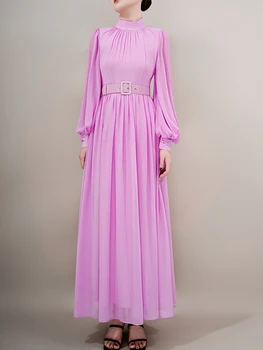 Элегантные фиолетовые длинные вечерние платья, женское винтажное плиссированное платье макси с рукавами-фонариками и поясами, дизайнерская летняя одежда 3