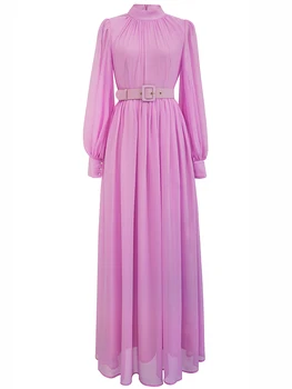Элегантные фиолетовые длинные вечерние платья, женское винтажное плиссированное платье макси с рукавами-фонариками и поясами, дизайнерская летняя одежда 5