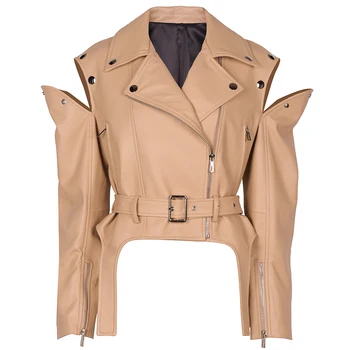 YOLOAgain, байкерская кожаная куртка оверсайз, женская кожаная куртка с открытыми плечами, женская уличная одежда