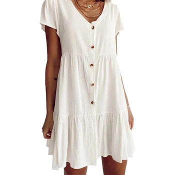 Летнее мини-платье из хлопка белого цвета со свободной талией, Однотонная Короткая юбка, Тонкое платье для женщин, Повседневная модная Сексуальная женская одежда Vinta