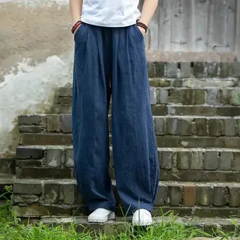 Женские брюки, однотонные брюки с эластичной резинкой на талии, широкие брюки свободного кроя в стиле ретро, Летние прямые брюки с карманами, женские брюки из хлопка и конопли
