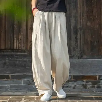 Женские брюки, однотонные брюки с эластичной резинкой на талии, широкие брюки свободного кроя в стиле ретро, Летние прямые брюки с карманами, женские брюки из хлопка и конопли 3