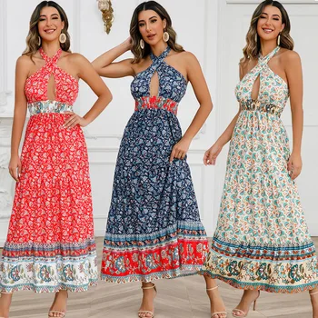 Европейское и Американское сексуальное платье с перекрестным ремешком на шее, летнее женское новое Богемное винтажное платье с фрагментированными цветами