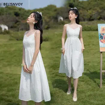 Женское элегантное платье без рукавов Ins на каждый день Для женщин, белое сказочное платье в корейском стиле с нежными пуговицами, простые летние жилеты для отдыха