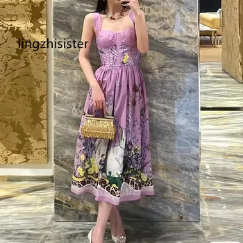Женское хлопчатобумажное платье на бретельках 2023, летнее платье без рукавов с принтом кролика, Тонкая талия, Фиолетовое платье Sweet Taro, расширяющееся книзу, VestidoNew