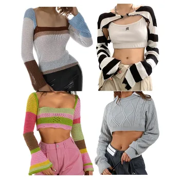 Женские радужные свитера, открытые Сексуальные топы, осенне-зимняя одежда y2k, многоцветные топы с квадратным воротником и длинными рукавами, уличная одежда