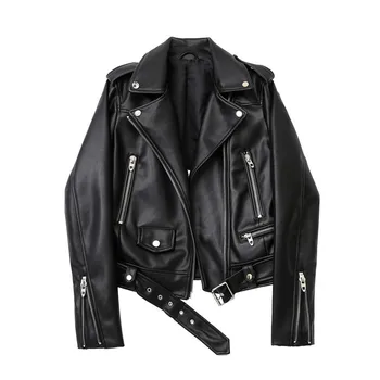 Весна и осень 2023, Новая куртка из искусственной кожи с поясом, женская мотоциклетная куртка с лацканами, черная байкерская куртка на молнии