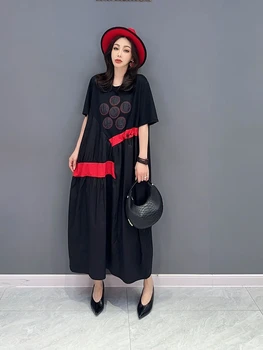 SuperAen 2023 Летнее новое Корейское повседневное платье в стиле пэчворк Модное Женское длинное платье с коротким рукавом 0