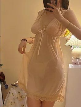 Сексуальная однотонная ночная рубашка с кружевной сеткой сладкого цвета, домашняя одежда, Мини-платье, прозрачные пикантные женские топы Korena, 2023 CNY0