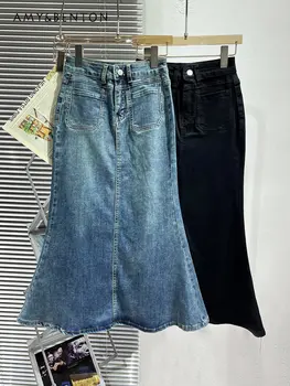 Ранняя весна 2023, Новая винтажная джинсовая юбка, женская универсальная юбка средней длины, эластичная облегающая юбка в виде рыбьего хвоста
