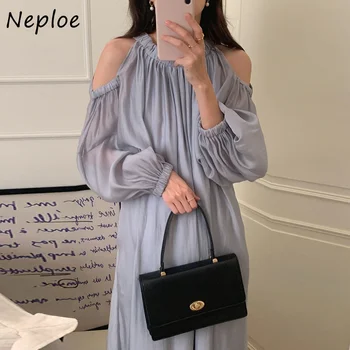 Neploe 2023, Весеннее новое платье в корейском стиле с круглым вырезом, плиссированный дизайн, халат с открытыми плечами, свободные повседневные платья с пышными рукавами 0