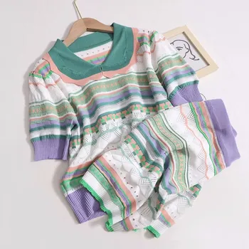 2023, Новый летний женский вязаный свитер, комплект из 2 предметов, Модный полосатый топ с короткими рукавами + мини-юбка, вязаный комплект для близнецов