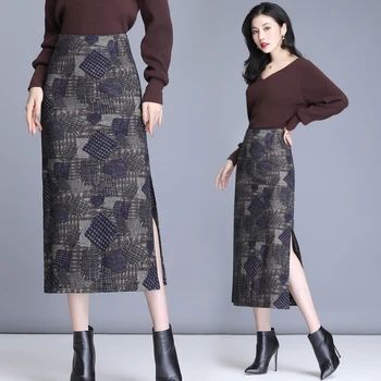 Винтажная шерстяная прямая юбка-карандаш TingYiLi, весенне-осенняя женская юбка, элегантная офисная длинная юбка в корейском стиле с разрезом