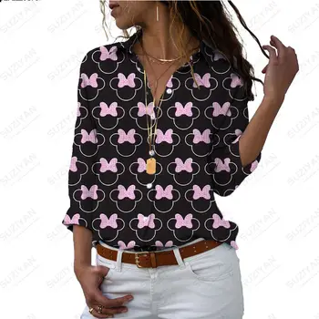 Модная женская рубашка с 3D-принтом Disney, Весна/лето 2023, Повседневный женский топ на пуговицах с длинным рукавом и V-образным вырезом, свободная рубашка большого размера