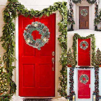 Рождественский венок длиной 30 см с искусственными сосновыми шишками, ягодами и цветами, Праздничное украшение для дома на входной двери #t2g