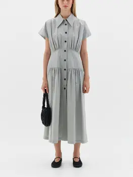 2023 Новое весеннее однобортное платье-рубашка Миди, женское плиссированное платье средней длины с коротким рукавом и тонкой талией, сшитое строчкой 0