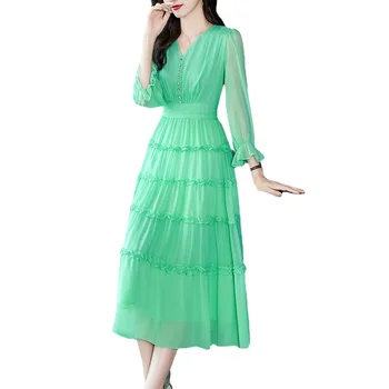 Платье из натурального шелка, женская одежда, Новый однотонный цвет, Свежие и милые оборки, V-образный вырез, высокая талия, 78030