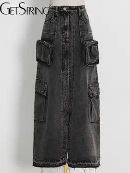 Женская юбка Getspring 2023, Весна-осень, джинсовая юбка с высокой талией и прямым разрезом, Винтажные Универсальные Свободные Длинные джинсовые юбки, Модные