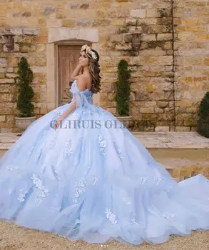 Небесно-голубые пышные платья принцессы с открытыми плечами, кружевные аппликации, бальное платье в стиле милой, Vestido De 15 Anos 2022