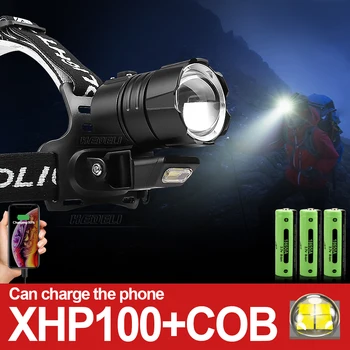 Самый мощный USB-налобный фонарь высокой мощности, перезаряжаемый светодиодный головной фонарь XHP100, наружный водонепроницаемый головной фонарь для кемпинга с телескопическим зумом 0