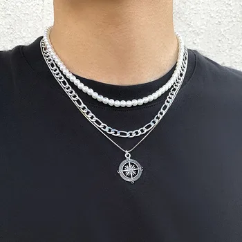 Многослойное ожерелье из 3 предметов для мужчин, Винтажная Круглая подвеска-компас, жемчужное колье-чокер, уличная одежда, украшения для шеи в стиле хип-хоп, Аксессуары