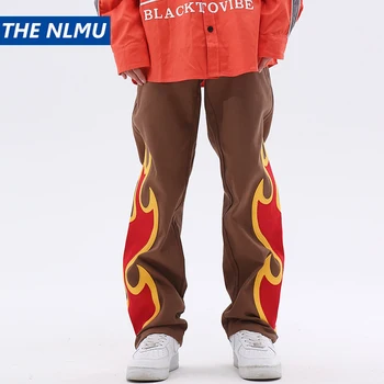 Джинсы Y2K с огненной вышивкой, джинсовые брюки в стиле пэчворк, мужская уличная одежда в стиле хип-хоп Harajuku, модные Черные свободные брюки