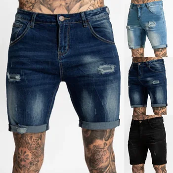 Мужские повседневные джинсы с застежкой-молнией и прорезями, обтягивающие шорты, брюки, брюки с карманом, рваные брюки, потертый деним Для мужчин, короткие брюки, джинсы 0