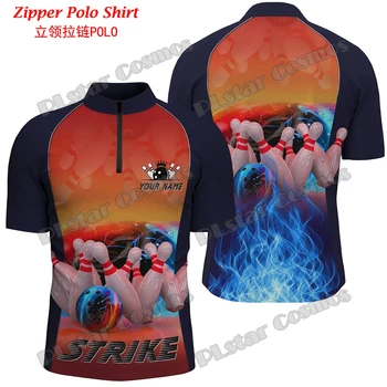 Персонализированный шар для боулинга с красным пламенем и кегли с 3D-принтом, модная мужская рубашка-поло на четверть молнии, летняя повседневная рубашка унисекс PO53
