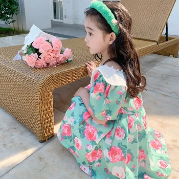 Летнее платье принцессы с цветами для девочек, платья с кружевным воротником и короткими рукавами в цветочек для детского дня рождения от 2 до 8 лет 0