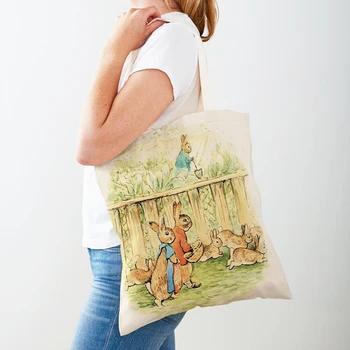 Детская сумка-тоут с мультяшным принтом Кролика, Многоразовая сумка для покупок с милым кроликом, двухсторонние женские холщовые сумки через плечо для покупок