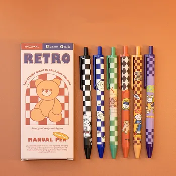 набор гелевых ручек Retro Bear, 6шт, шариковая ручка 0,5 мм, чернила черного цвета для письма Office School A7360