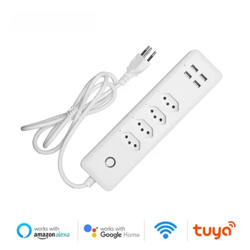 Tuya WiFi Smart Power Strip, Стандарт Бразилии, 4 Розетки с 4 Портами USB, Удаленное Голосовое Управление, работа с Alexa Google home