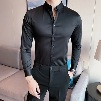 Плюс размер 5XL-M, однотонная рубашка с длинным рукавом в британском стиле, мужская одежда, простая приталенная деловая Повседневная сорочка, Домашняя официальная одежда, горячая одежда 0