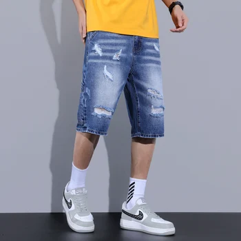 Летние модные брендовые мужские джинсовые шорты Ретро-цвета, классические Свободные прямые рваные джинсы, мужские новые высококачественные брюки с пятью точками 1
