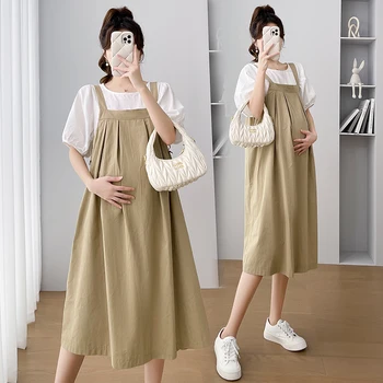 9690 # 2023 Летние Корейские Модные Комплекты платьев для беременных, Белая блузка, костюмы-слинги, Одежда для беременных, Свободная одежда для беременных