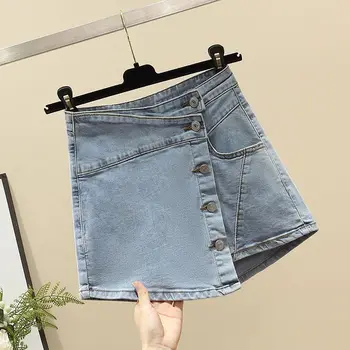 Летние новые женские джинсовые брюки Ins с высокой талией, тонкие однобортные короткие юбки трапециевидной формы длиной до середины бедра 0
