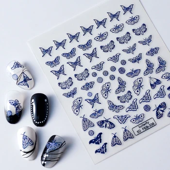 Синий дизайн с полыми бабочками-мотыльками, 5D Рельефные рельефы, Самоклеящиеся украшения для ногтей, наклейки для 3D маникюра Оптом