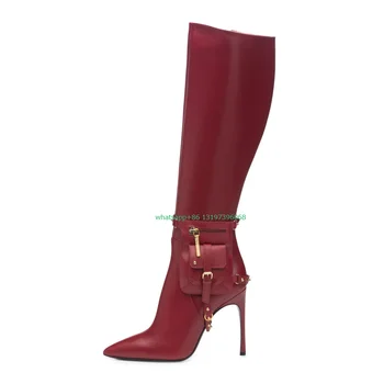 Женские дизайнерские ботинки с золотой пряжкой, красные, черные сапоги до колена из искусственной кожи с острым носком, на шпильке, с боковой молнией, повседневные модельные ботинки, размер обуви 0