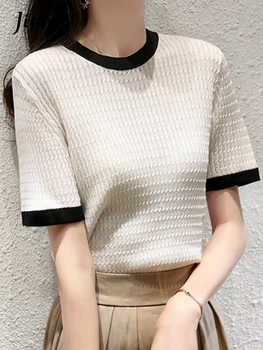 Трикотажная Открытая Белая футболка Jielur, женский топ контрастного цвета, футболки с коротким рукавом, летние Тонкие топы корейской женской одежды 2022 года 0