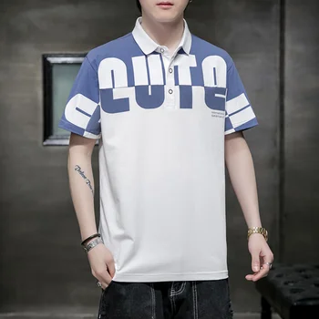 Летняя мужская рубашка Поло, хлопковая однотонная футболка с коротким рукавом, свободные топы с буквенным принтом, повседневная уличная одежда, Серый цвет, Новинка 2023 года.
