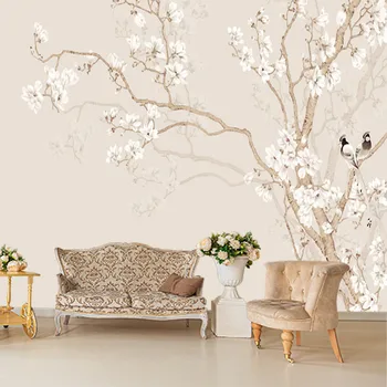 Тонкая работа кистью, ручная роспись цветка магнолии и птичьего дерева, 3D обои на заказ, наклейки на стены, мебель для дома в гостиной, спальне