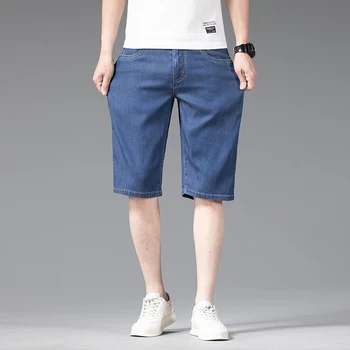 Большие размеры 42 44 46, Летние мужские тонкие короткие джинсы из ткани Lyocell, деловые Свободные Прямые синие джинсовые шорты-стрейч, Мужской бренд