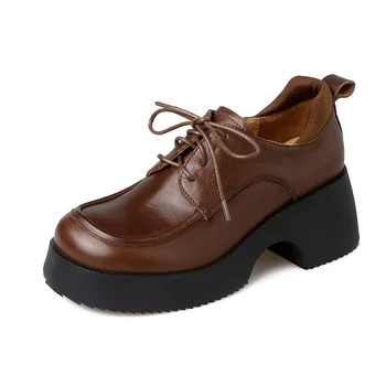 Женские лоферы из натуральной кожи в стиле ретро-панк на платформе, новинка 2023 года, весна, женские туфли на высоком каблуке со шнуровкой, черно-коричневые туфли для шитья с круглым носком.