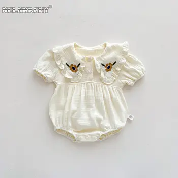 Новинка лета 2023 года, хлопковая верхняя одежда с короткими рукавами и отложным воротником для маленьких девочек с вышивкой в виде цветка, боди для новорожденных 유아복 0